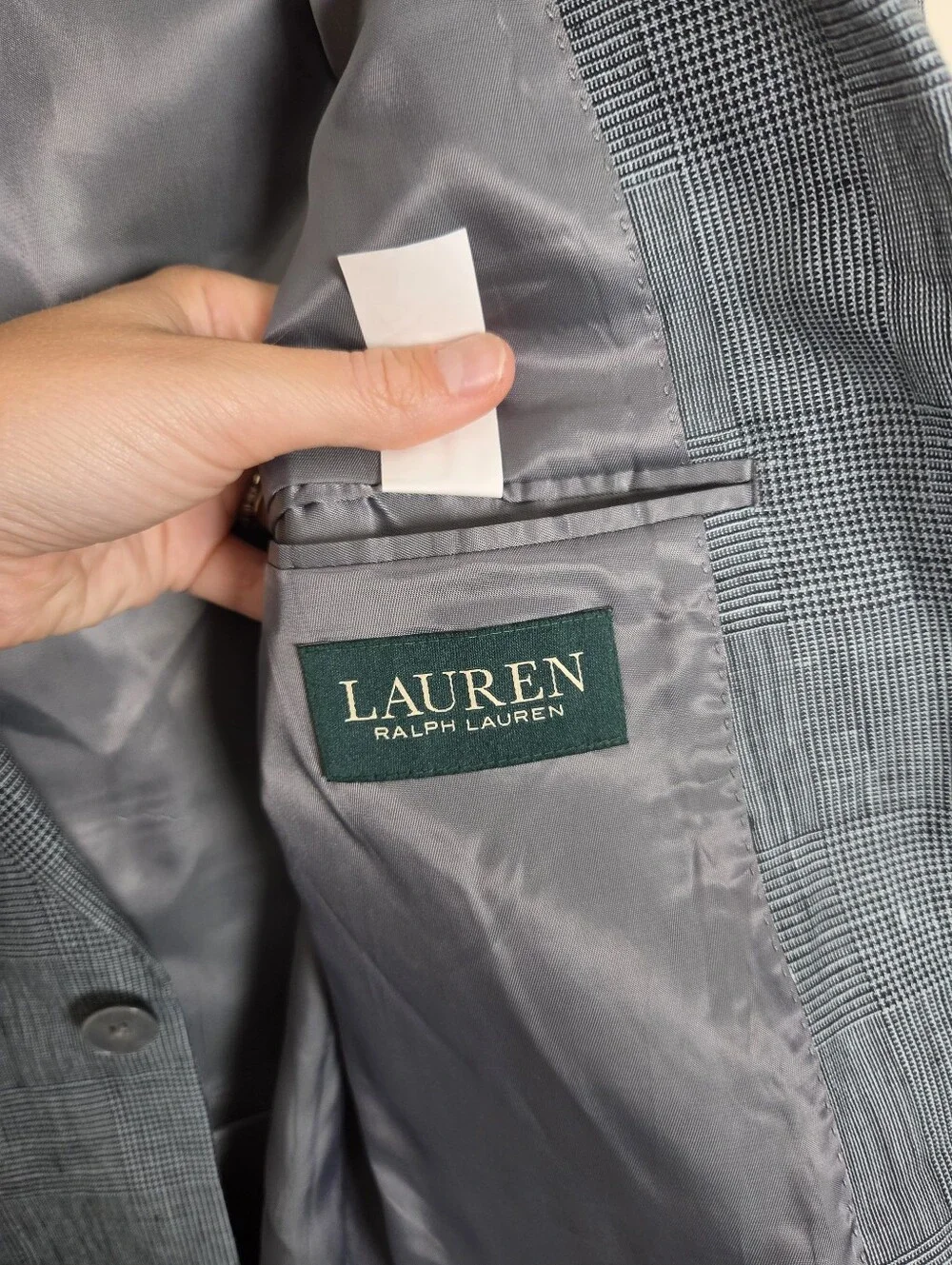 Lauren Ralph Lauren 100% Linen Glen Check Blazer Mens 40R Gray Sport Coat Jacket